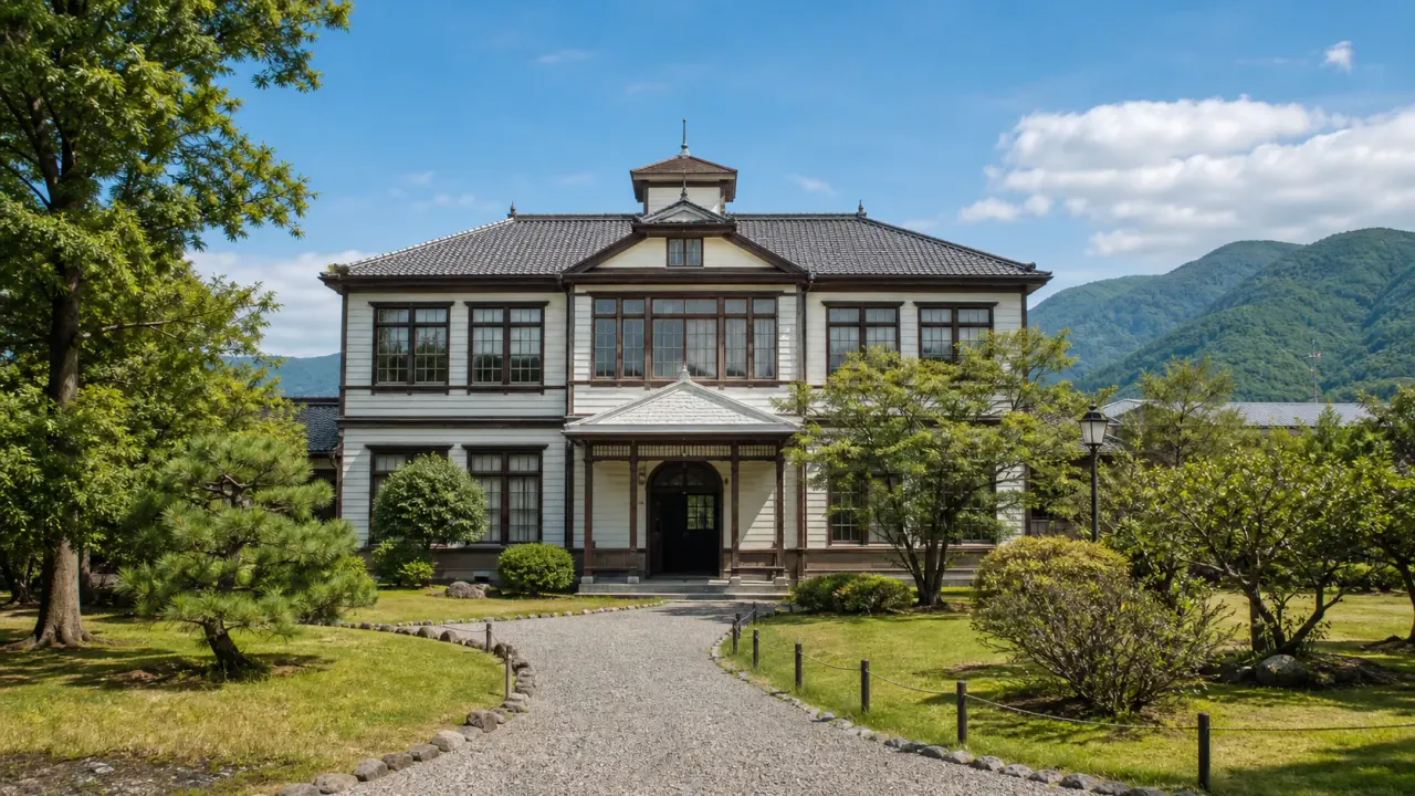 明治期の擬洋風木造校舎と庭を正面から眺める、山梨市・旧室伏学校をイメージしたカバー画像