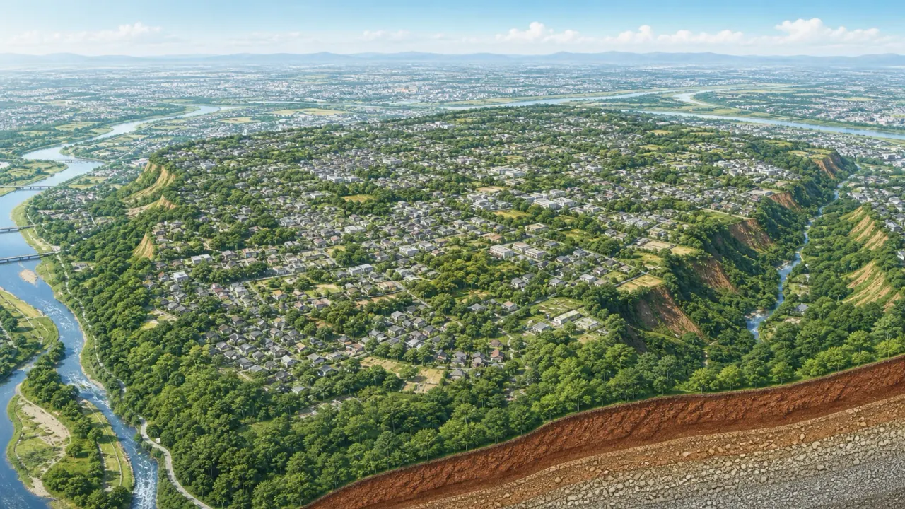 川沿いの低地と緑の台地面、関東ローム層の断面を俯瞰した武蔵野台地のイメージ