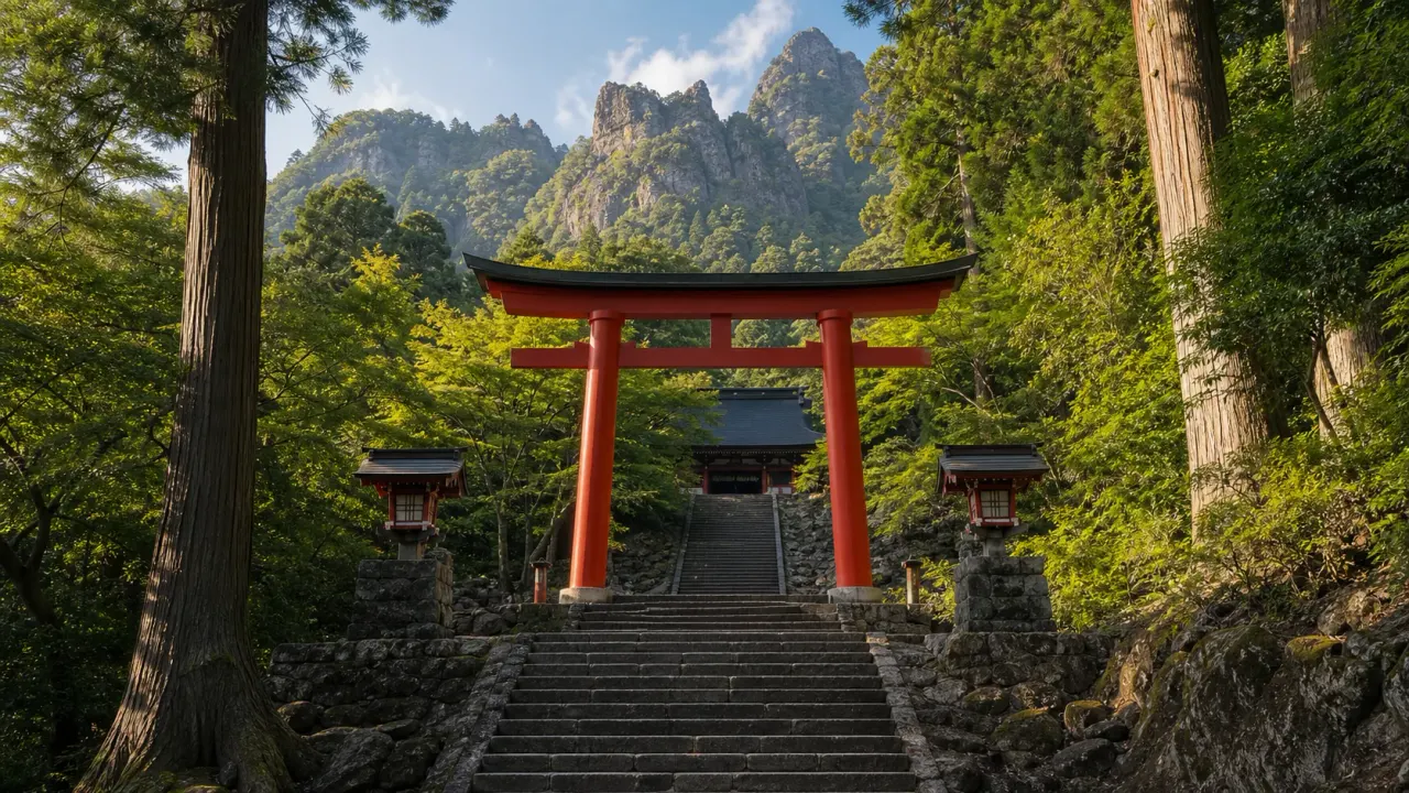 妙義神社の朱色の総門と石段、妙義山麓の森をイメージしたカバー画像