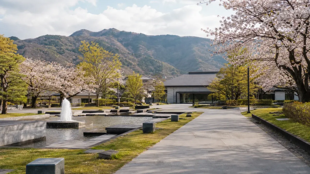 長野市城山公園を思わせる噴水広場と桜、低い建物がある都市公園の架空カバー画像