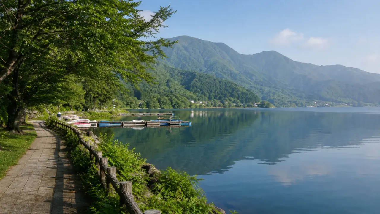 長野県の高原湖を思わせる青い湖面、山並み、湖畔の遊歩道を写した架空カバー画像
