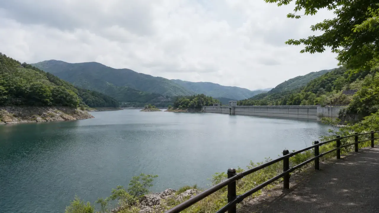 山あいのダム湖と歩道、展望柵をイメージしたカバー画像