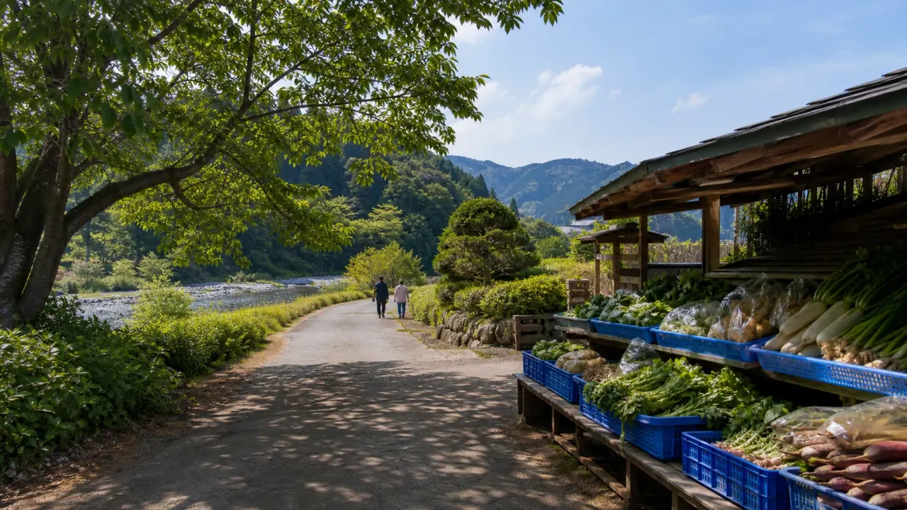 里山を背景にした野菜直売所と川沿いの道を歩く、道の駅ばとう周辺の雰囲気を描いたイメージ画像