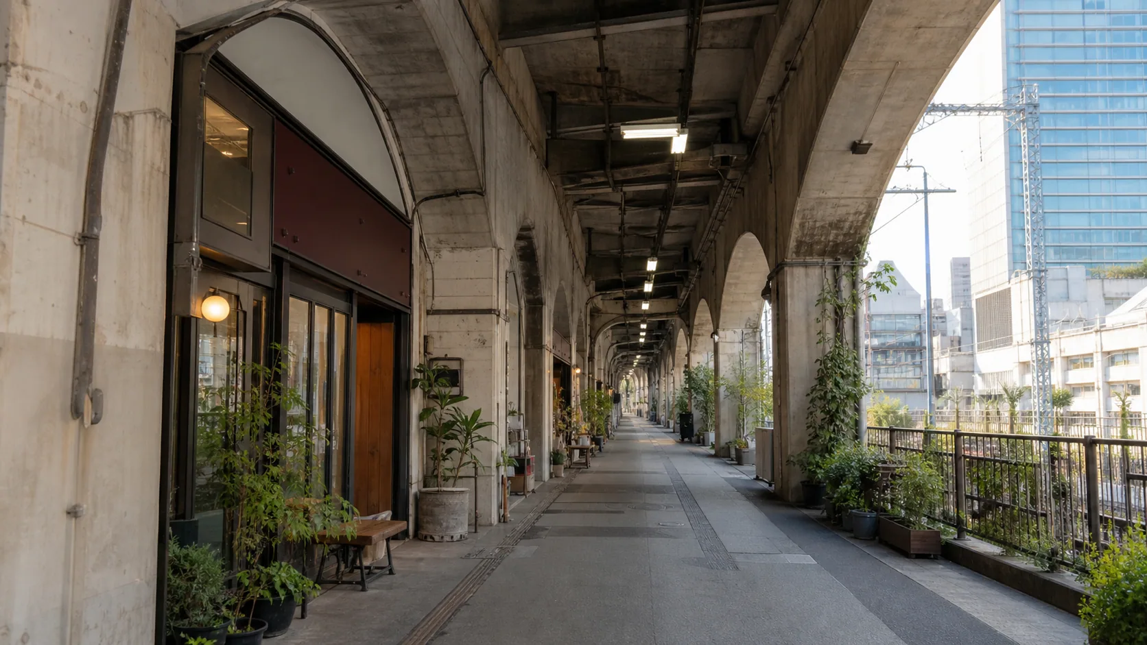 高架下の通路と店先が続く街歩きのイメージ