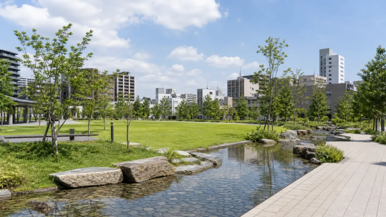 中野四季の森公園をイメージした、駅近の芝生広場と水辺、都市の建物が調和する明るい公園のカバー画像