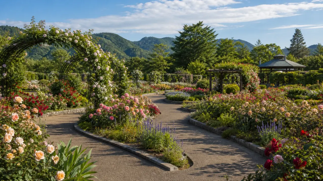 中之条ガーデンズの花壇、ローズアーチ、山並みをイメージしたカバー画像