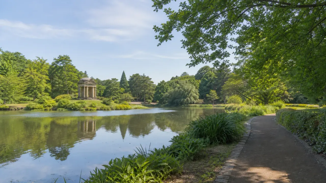 七ツ洞公園を思わせる池と木陰の園路、英国風の小さなパビリオンがある緑の庭園イメージ