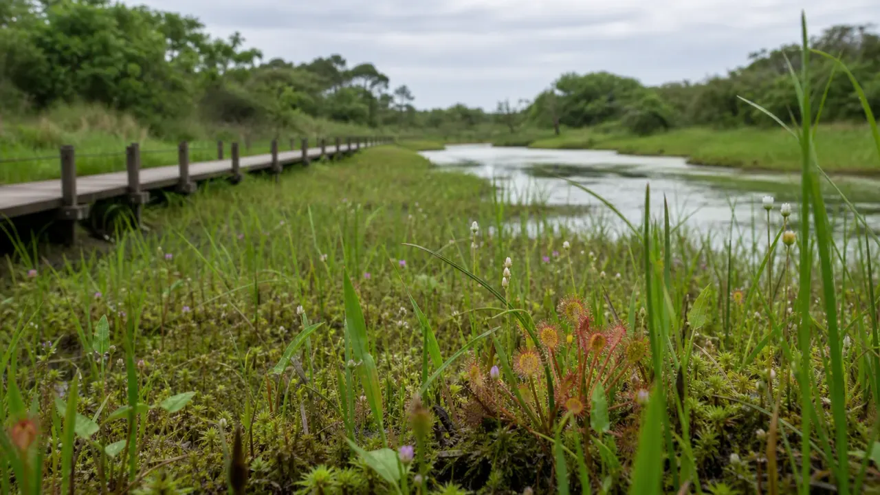 作田川沿いの低湿地で木道の先に小さな湿原植物が広がる成東・東金食虫植物群落のイメージ