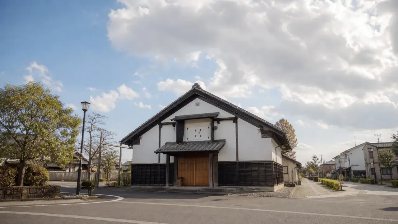 白壁と黒い木組みの建物が駅前の静かな通りに立つ、山あげ会館周辺を思わせるイメージ画像
