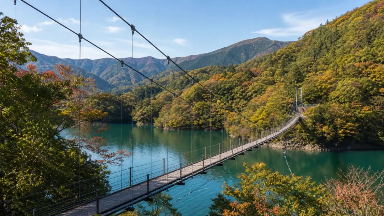 塩原の山並みと湖面の上に、もみじ谷大吊橋が長く伸びる風景