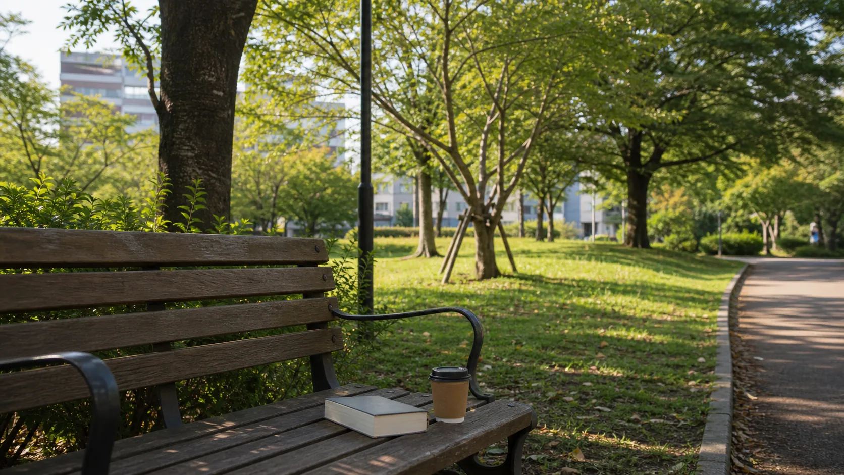 緑のあるベンチで午後に読書休憩する場面のイメージ