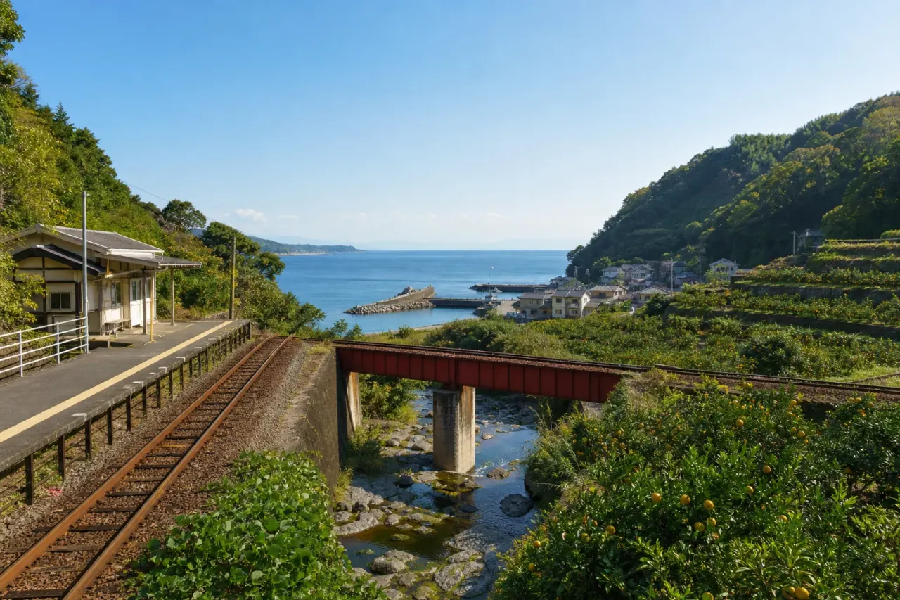 小田原市の根府川駅から江之浦漁港方面へ、相模湾、白糸川の赤い鉄橋、根府川関所跡をたどる散歩を紹介。海と里道を2時間で味わう県西コースです。