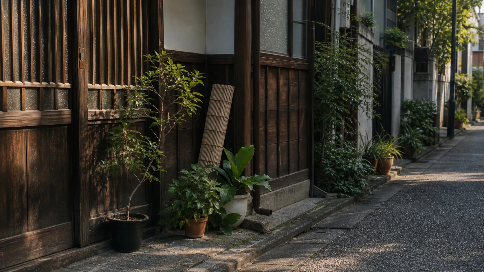 路地沿いの古い建物と植木鉢の近景のイメージ