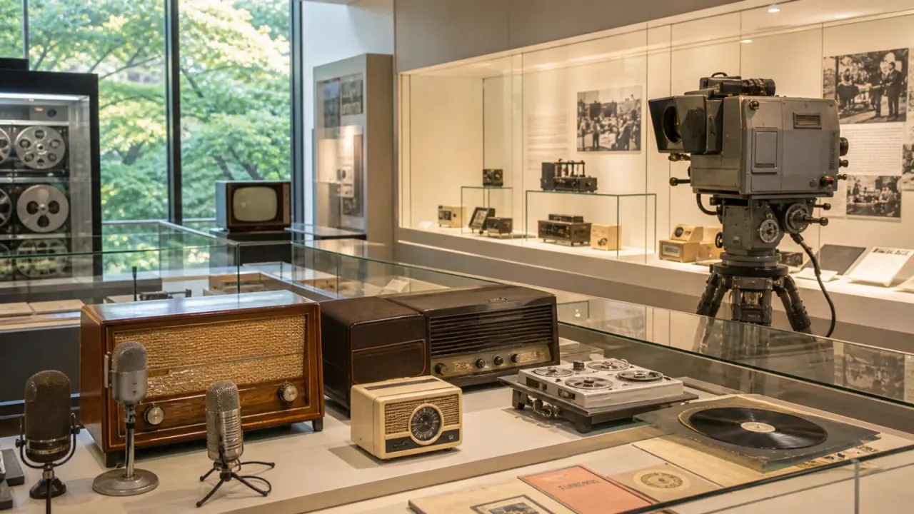 NHK放送博物館をイメージした、古いラジオとテレビ放送機材が並ぶ展示室のカバー画像