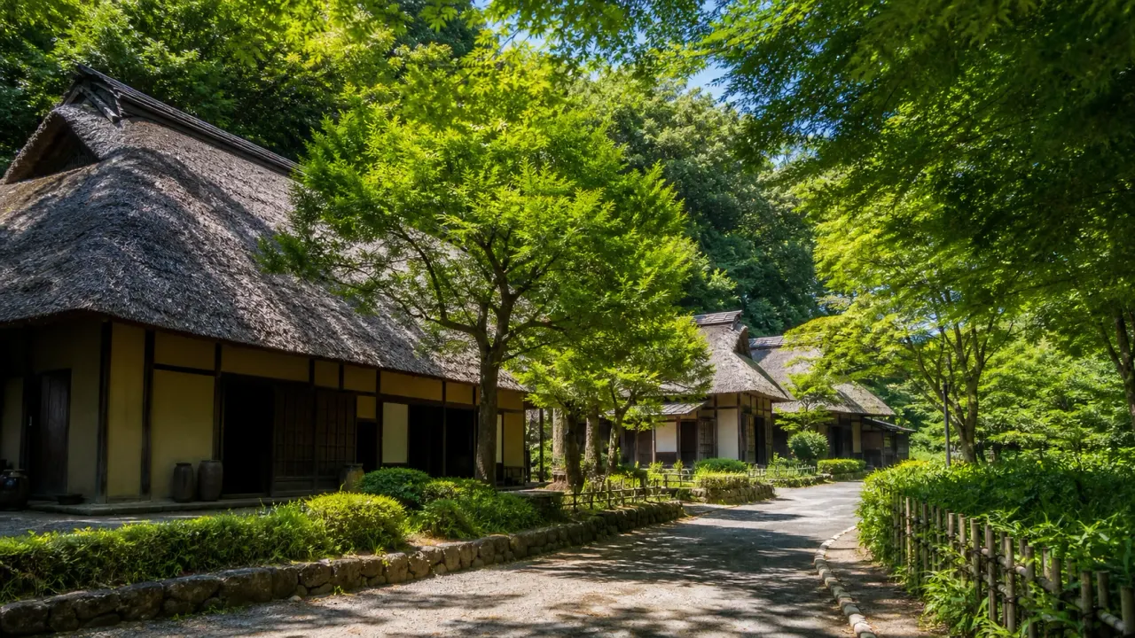 生田緑地の木陰に茅葺きの古民家と園路が続く、日本民家園をイメージしたカバー画像