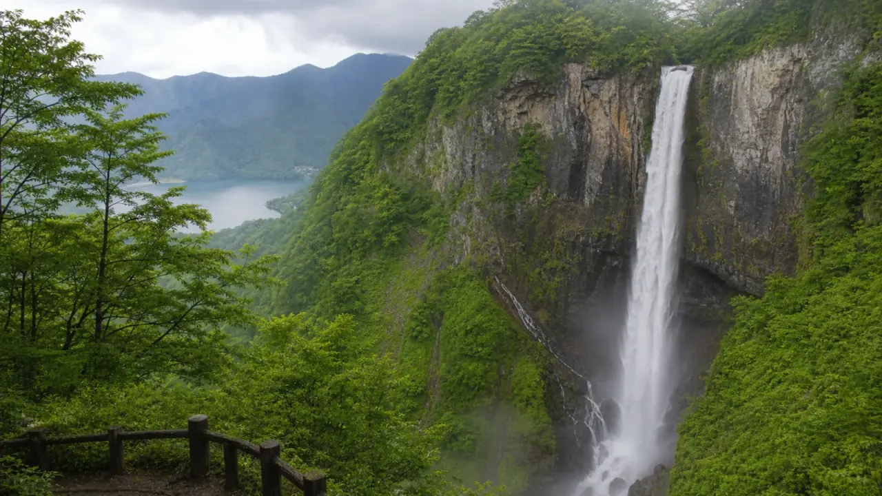 新緑の山肌を落ちる華厳滝と奥日光の湖を思わせる風景