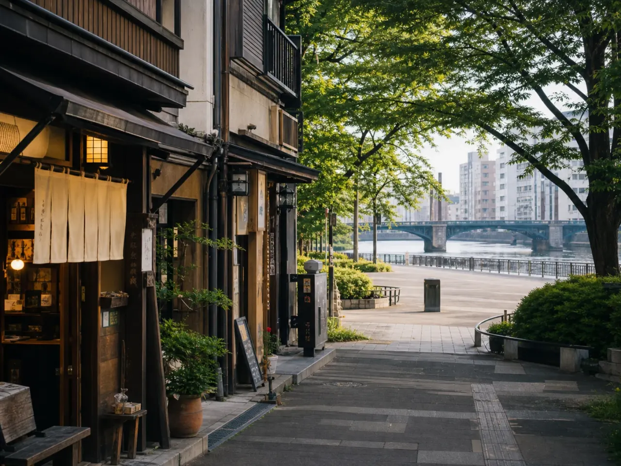 人形町の商店街から浜町公園、隅田川テラスへ歩く東京下町散歩のイメージ