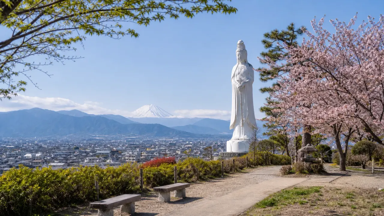 韮崎市の観音山公園で、平和観音、七里岩の高台、韮崎の街並み、富士山や桜の眺めを短く味わう散歩を紹介。公式情報をもとにアクセスと歩き方をまとめます。