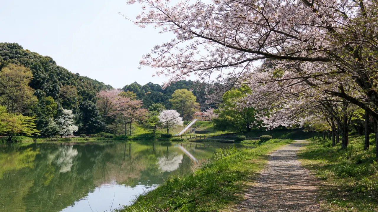 小中池公園の池と堤防上の遊歩道、桜並木と緑の斜面を眺めるイメージ