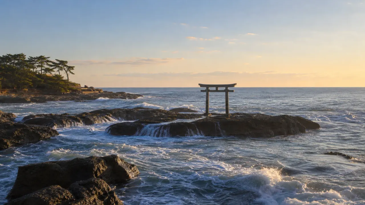 大洗海岸の岩礁に白波が砕け、海辺に神磯の鳥居が立つ太平洋の朝のイメージ
