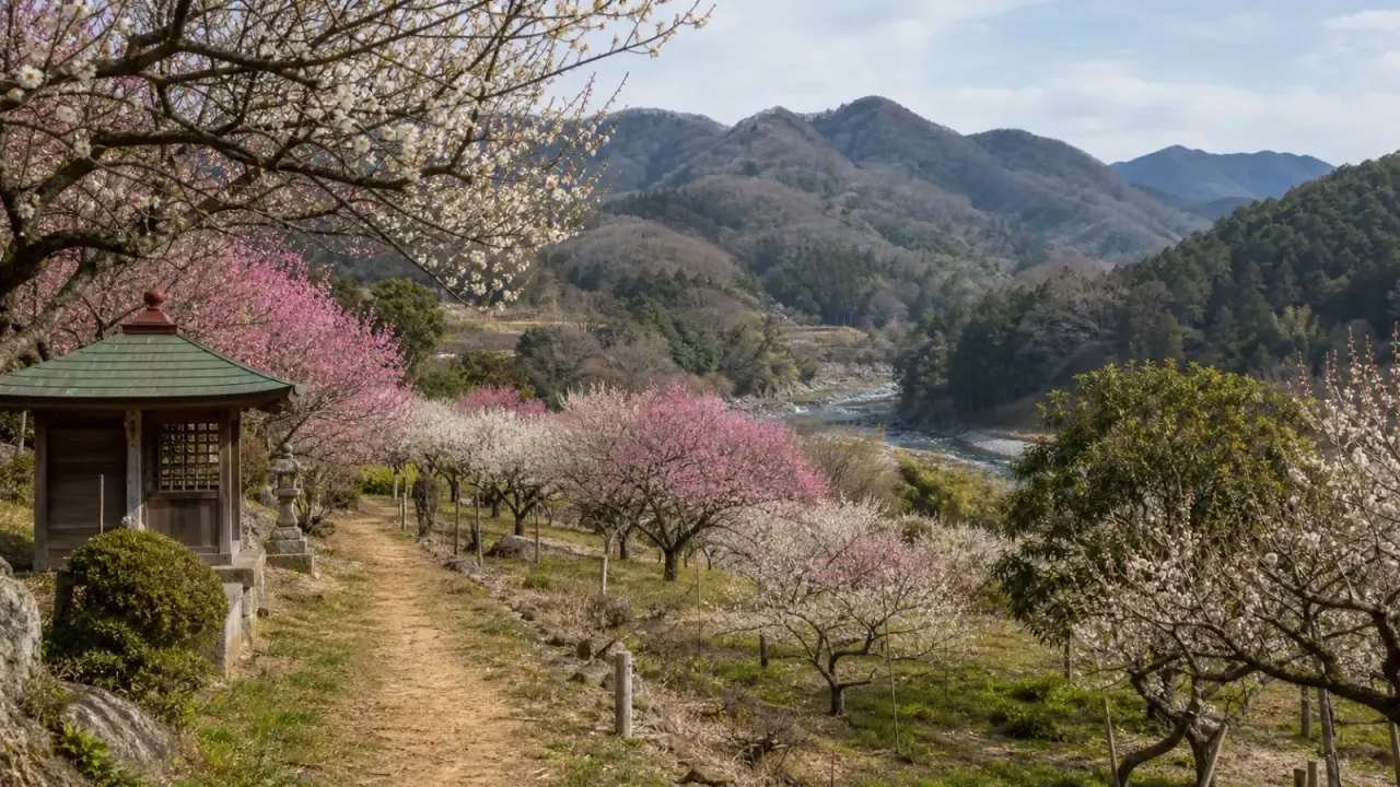 埼玉県越生町の越生梅林を歩く散歩記事。関東三大梅林のひとつ、越生野梅や古木、梅園神社、周辺の里山と越辺川を合わせた歩き方を紹介します。