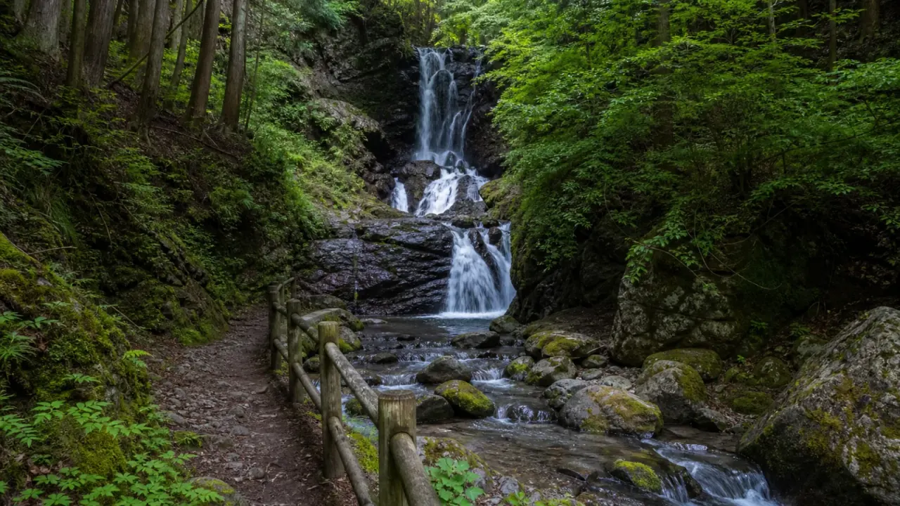 黒山三滝を思わせる森の中の滝と沢沿いの散策路