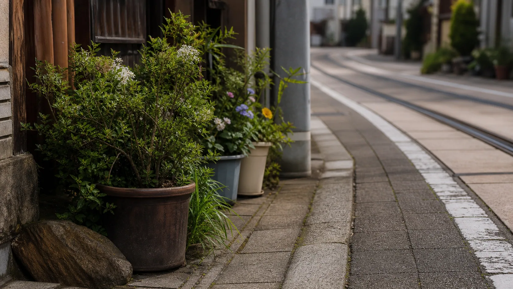 路地の鉢植えと都電沿いの通路の近景のイメージ