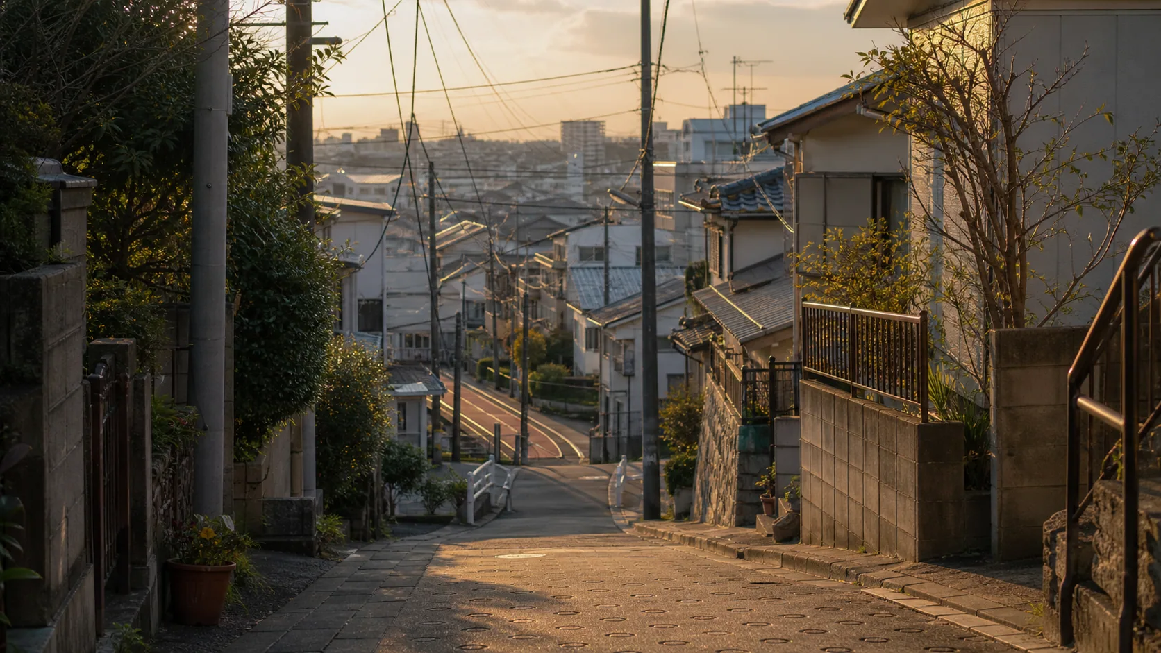 夕方の住宅街の坂道から街を見下ろす場面のイメージ