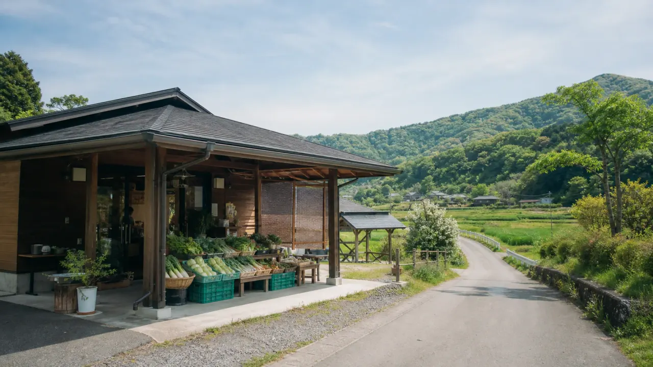 里山の入口にある木造の小さな農産物直売所と畑道をイメージした、四季の里のカバー画像