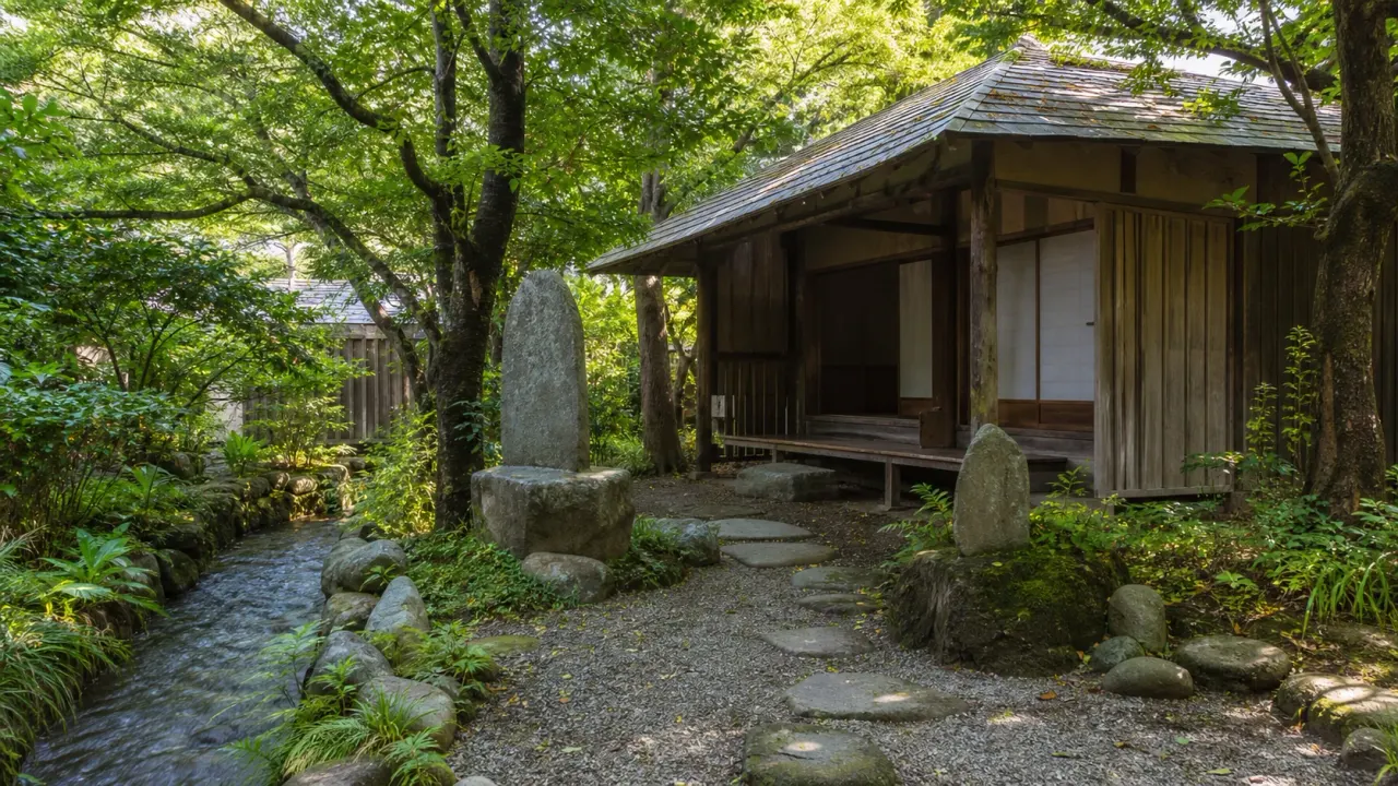 大磯の鴫立庵を思わせる俳諧道場の建物、庭の石造物、沢沿いの静けさを描いた散歩イメージ