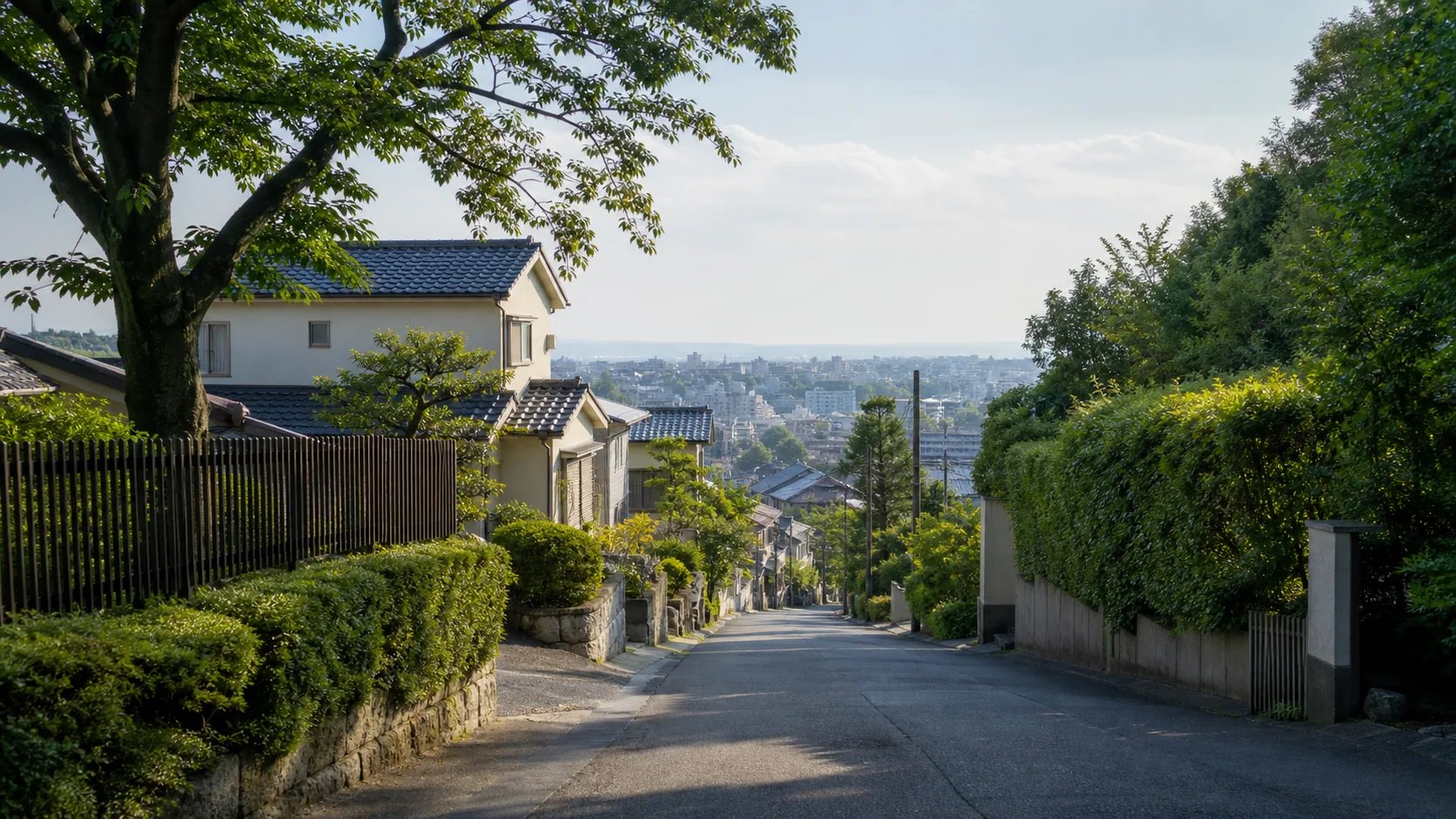 台地の縁にある静かな住宅地の坂道のイメージ