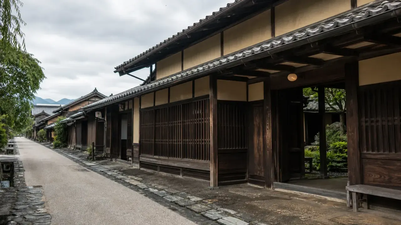 旧東海道沿いの木造旅籠風建築と小さな庭を落ち着いた光で描いた岡部宿散歩のイメージ画像