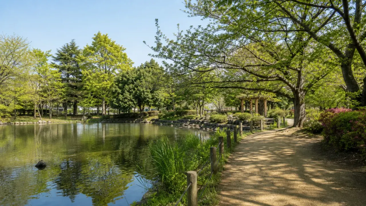 桶川城山公園の大池と木陰の園路をイメージしたカバー画像