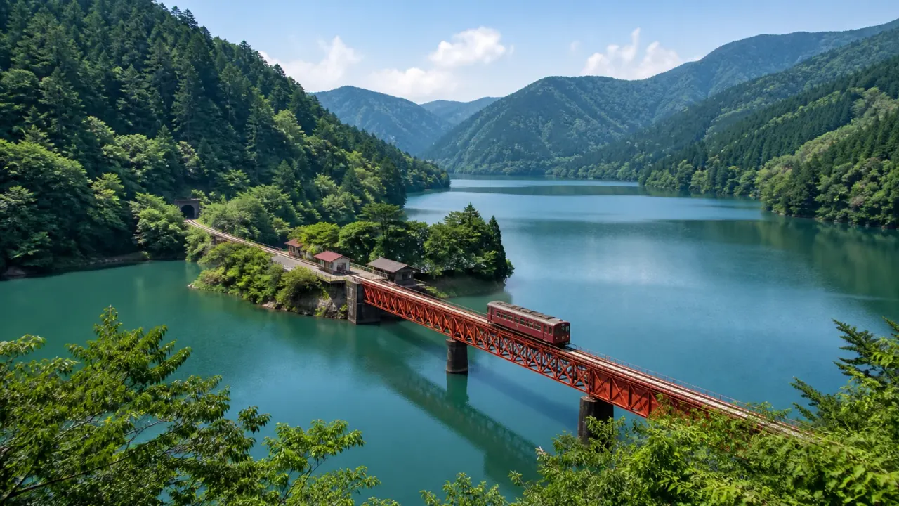 接岨湖の赤い鉄橋と湖上に浮かぶような奥大井湖上駅をイメージしたカバー画像