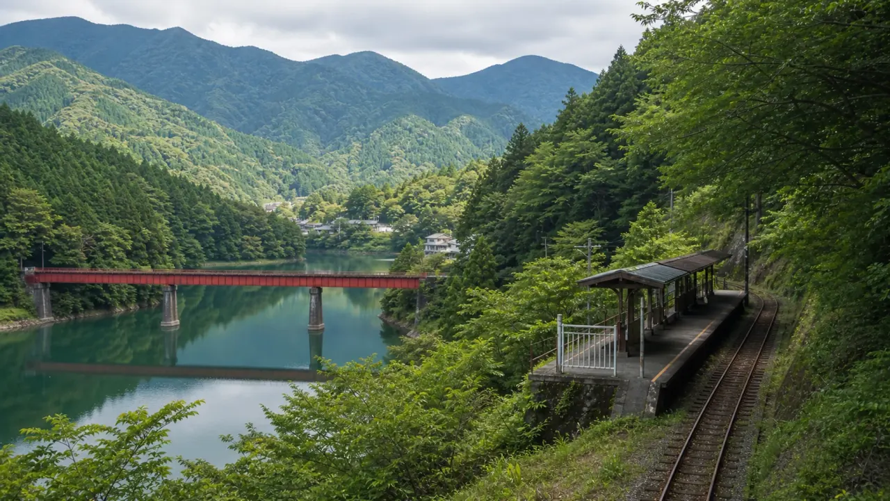 山あいの湖にかかる赤い鉄橋と小さな駅を遠景で眺める奥大井湖上駅散歩のイメージ画像