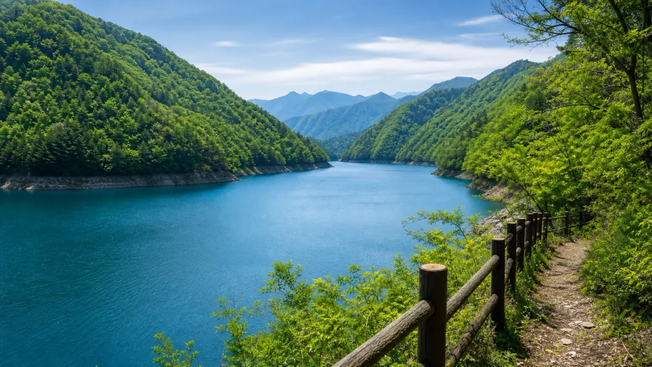 奥四万湖の青い湖面と山あいの緑、湖畔の散策路をイメージしたカバー画像