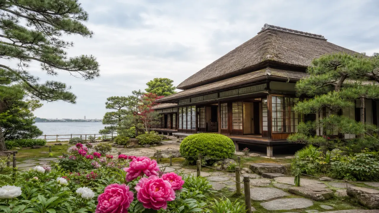 海辺の日本庭園に立つ茅葺屋根の別荘建築と牡丹をイメージした、旧伊藤博文金沢別邸のカバー画像