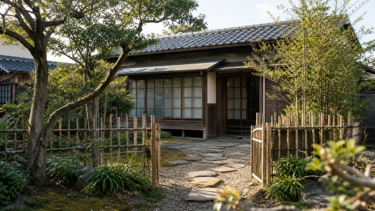 小さな庭と木造平屋の古い文学者の家をイメージした、旧島崎藤村邸のカバー画像