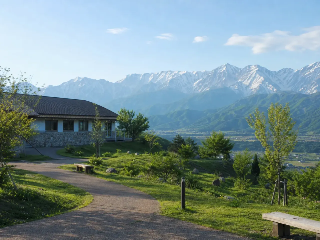 大町山岳博物館を思わせる高台の建物と北アルプスの山並み、緑の園路がある架空カバー画像