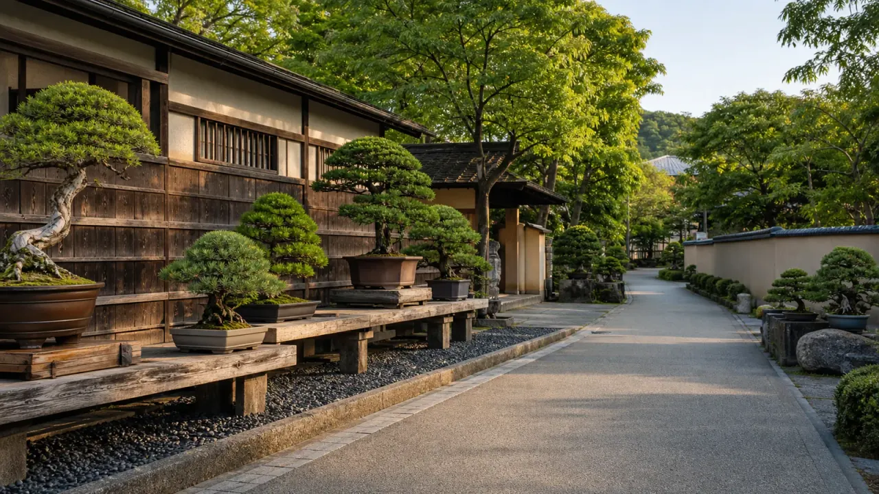 大宮盆栽村を思わせる盆栽の並ぶ静かな路地