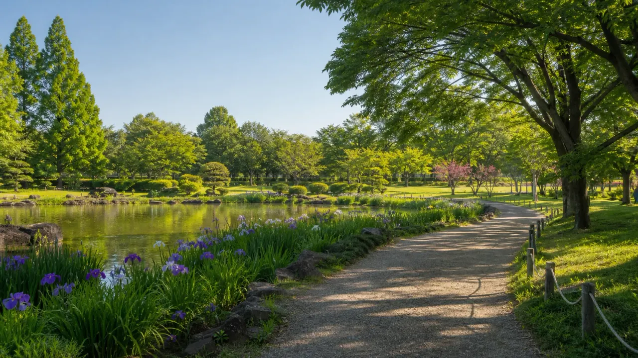 大宮第二・第三公園を思わせる池と花菖蒲、木陰の園路が続く公園風景