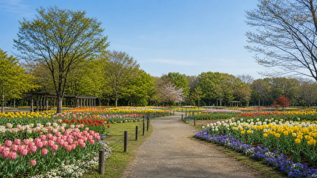 大宮花の丘農林公苑を思わせる花畑と園路