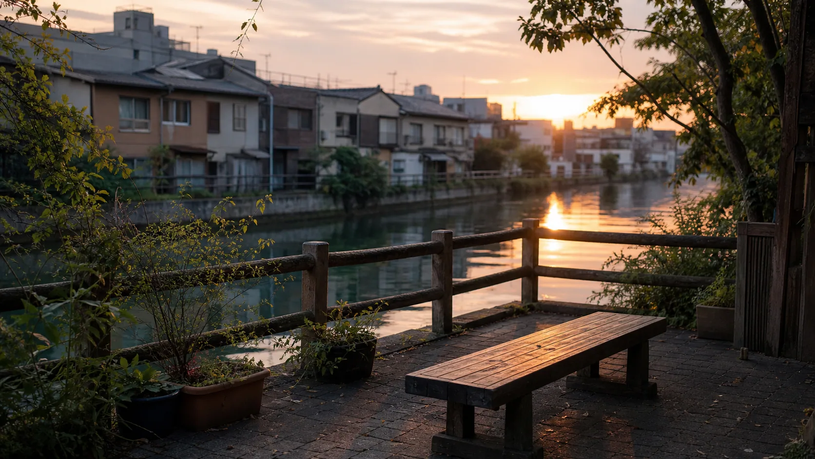 夕方の運河沿いで休憩する場面のイメージ