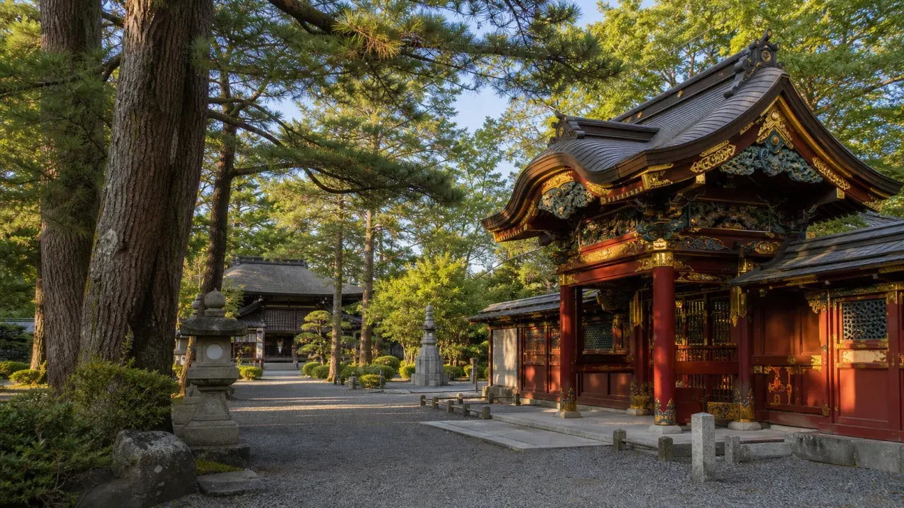 世良田東照宮の社殿、石灯籠、松林、歴史公園をイメージしたカバー画像