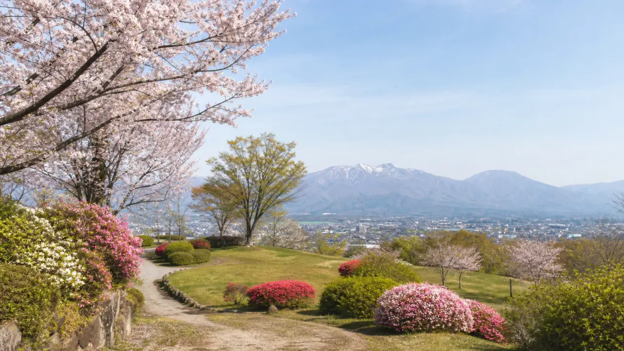 大田原城跡の高台に桜とつつじが咲き、市街地と那須連山を望む龍城公園の雰囲気を描いたイメージ画像