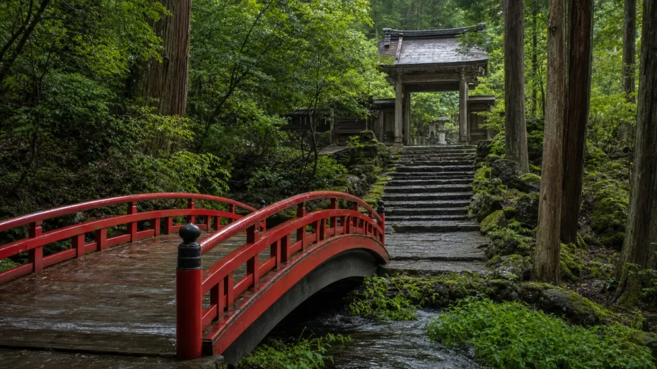 深い森の中で朱塗りの橋と石段が山門へ続く雲巌寺を思わせる風景