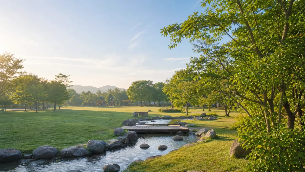 芝生広場と小さな水辺、木橋がある大きな公園を歩く、小山総合公園の雰囲気を描いたイメージ画像