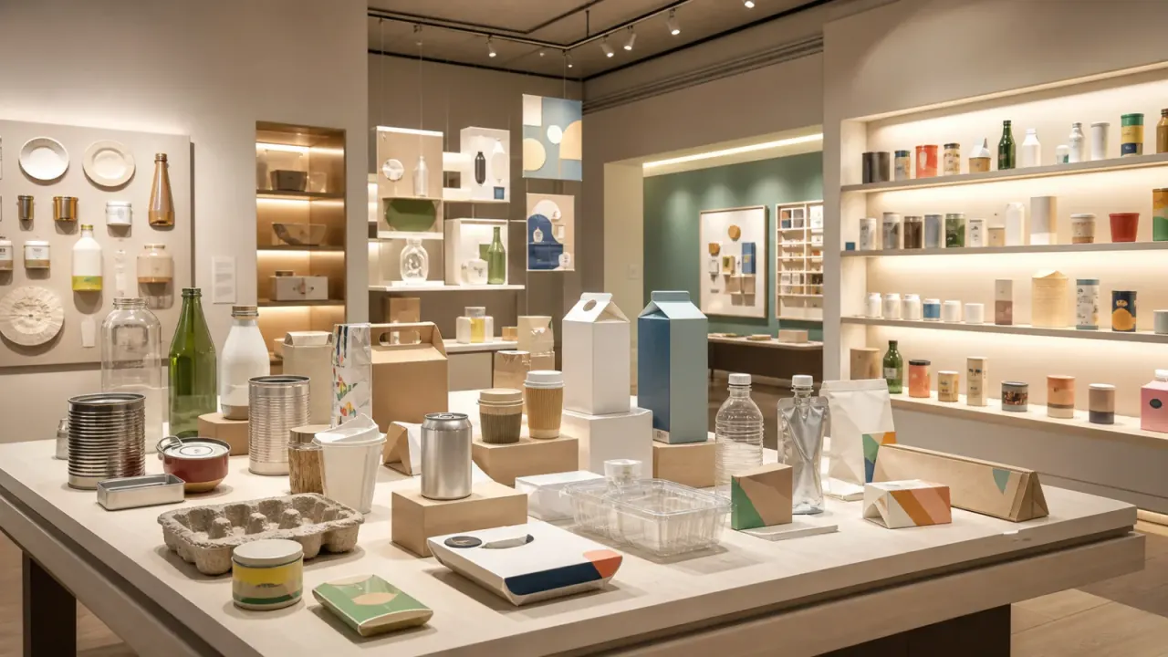 食品容器や紙コップが並ぶ明るい展示室をイメージした容器文化ミュージアムのカバーイラスト