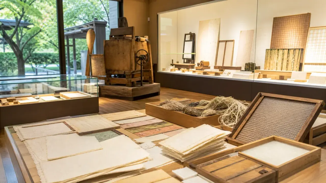 紙の博物館をイメージした、和紙や製紙資料が並ぶ明るい展示室のカバー画像