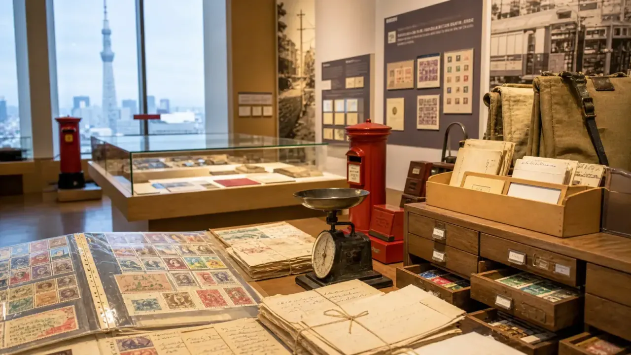 郵政博物館をイメージした、切手展示と古い郵便資料が並ぶ静かな展示室のカバー画像
